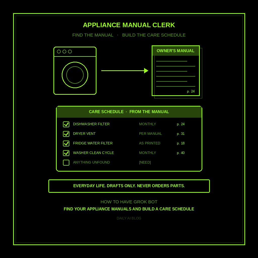 How to Have Grok Bot Find Your Appliance Manuals and Build a Care Schedule for You (Step-by-Step)